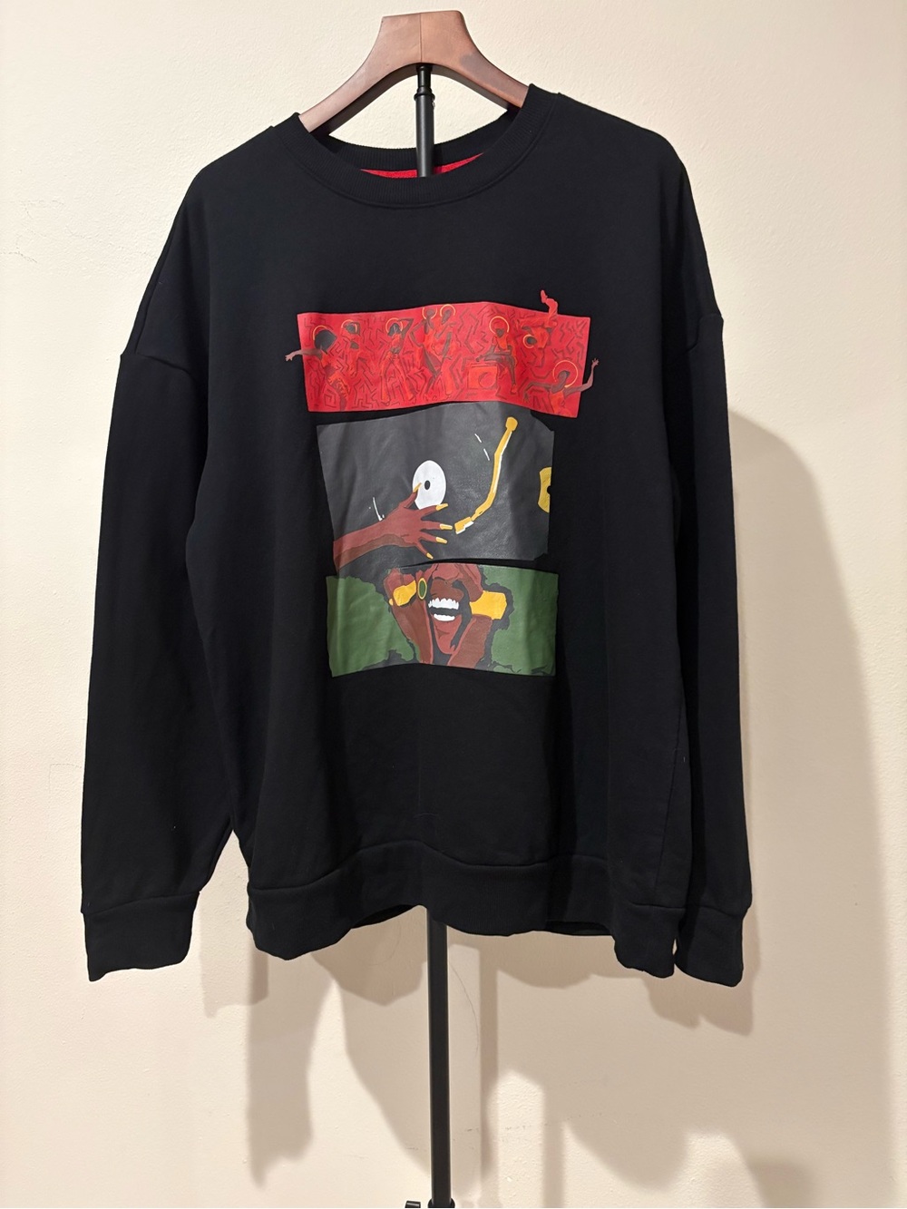 Black Crewneck Sweater with Red, Green & Yellow Graphic Panel XL
